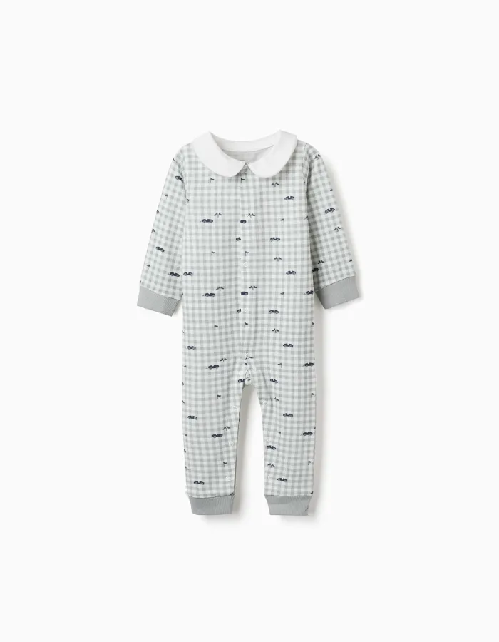 Cotton gingham sleepsuit for newborn and baby boys, light green/white
