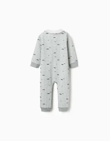 Cotton gingham sleepsuit for newborn and baby boys, light green/white