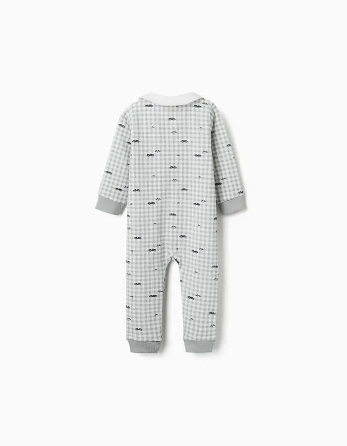 Cotton gingham sleepsuit for newborn and baby boys, light green/white