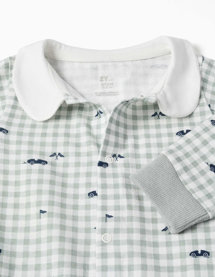 Cotton gingham sleepsuit for newborn and baby boys, light green/white