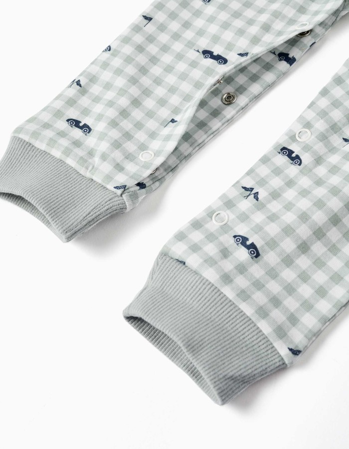 Cotton gingham sleepsuit for newborn and baby boys, light green/white