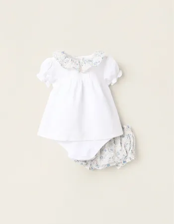 Bodysuit-Blouse + Bloomers for Newborn Girls, White/Blue/Pink