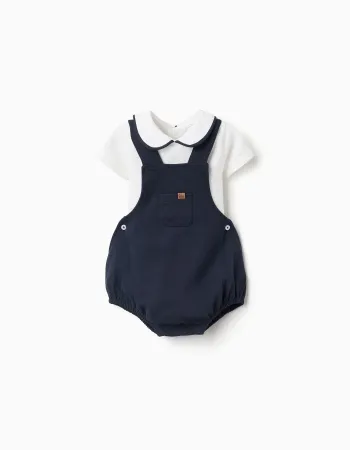 Cotton bodysuit + romper set for newborn boys, white/dark blue