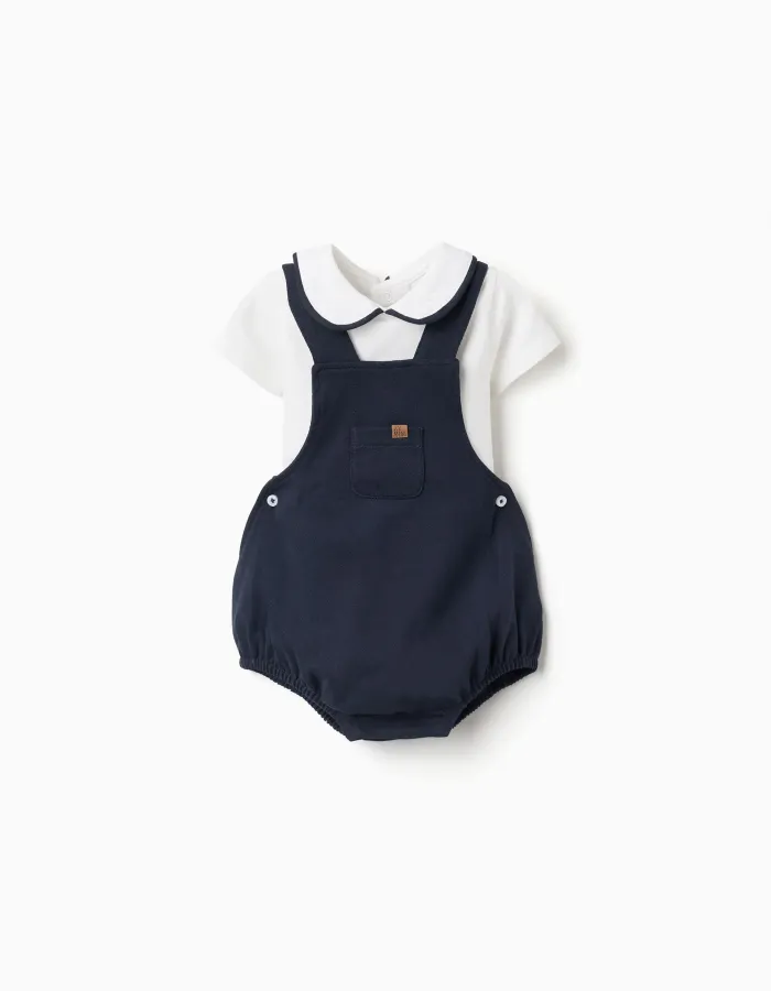 Cotton bodysuit + romper set for newborn boys, white/dark blue