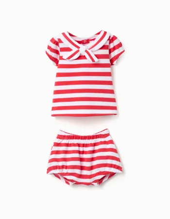 Cotton T-shirt + bloomers set with stripes for newborn girls, white/red