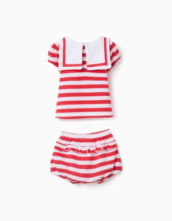 Cotton T-shirt + bloomers set with stripes for newborn girls, white/red