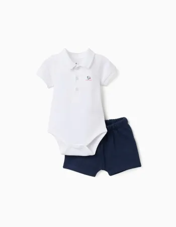 Polo-bodysuit with Mickey print + shorts for newborn boys, white/blue