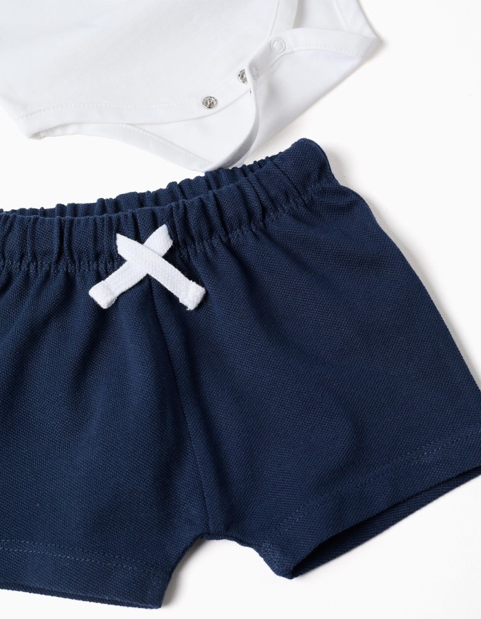 Polo-bodysuit with Mickey print + shorts for newborn boys, white/blue