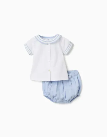 Cotton short sleeve shirt + shorts for newborn boys, light blue/white