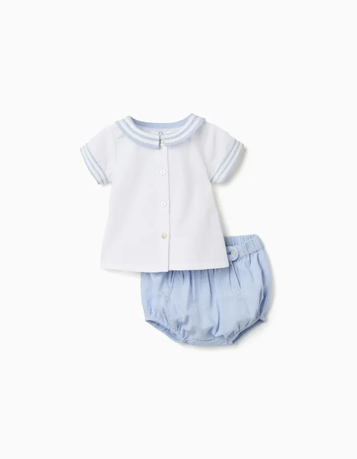 Cotton short sleeve shirt + shorts for newborn boys, light blue/white