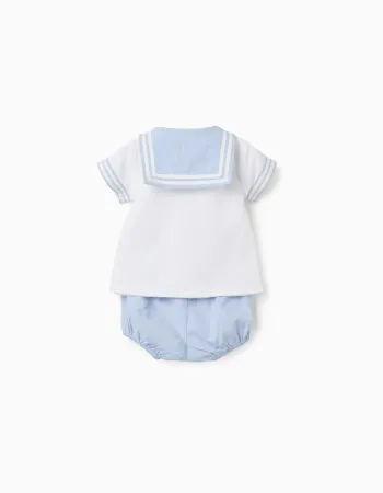 Cotton short sleeve shirt + shorts for newborn boys, light blue/white