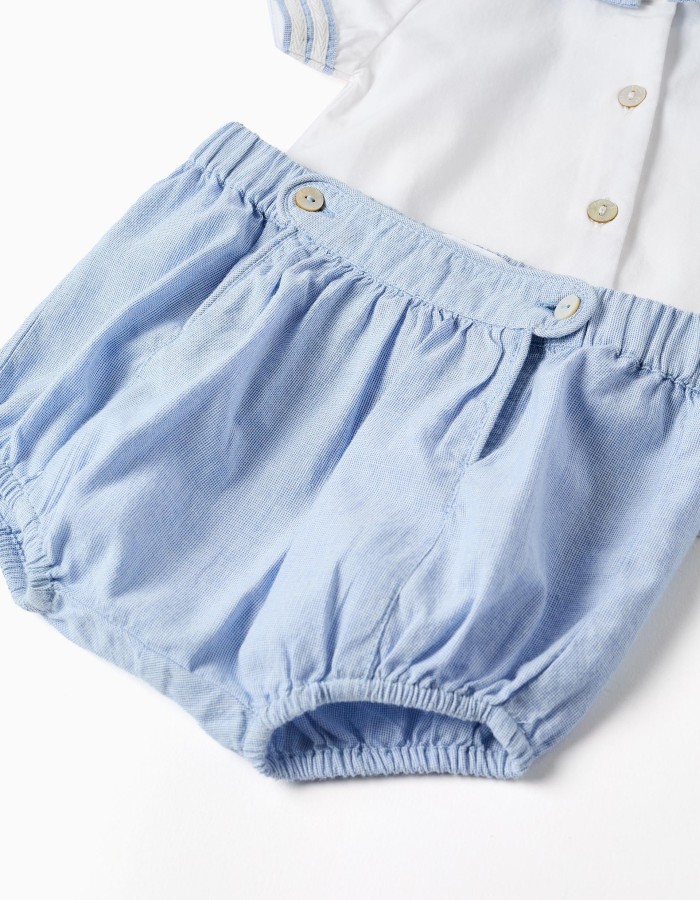 Cotton short sleeve shirt + shorts for newborn boys, light blue/white