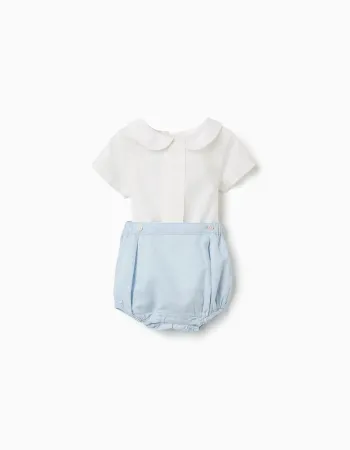 2-In-1 jumpsuit in cotton and linen for newborn boys, white/light blue