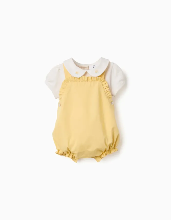 Cotton bodysuit and romper set B&S for newborn girls, yellow/beige