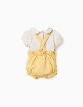 Cotton bodysuit and romper set B&S for newborn girls, yellow/beige