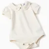 Cotton bodysuit and romper set B&S for newborn girls, yellow/beige