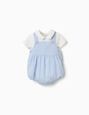 Cotton short sleeve bodysuit + romper set for newborns, white/light blue