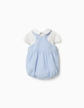 Cotton short sleeve bodysuit + romper set for newborns, white/light blue