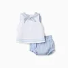 Cotton sleeveless blouse + bloomers for newborn girls, light blue/white