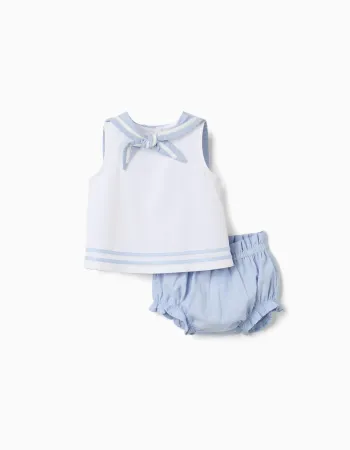 Cotton sleeveless blouse + bloomers for newborn girls, light blue/white
