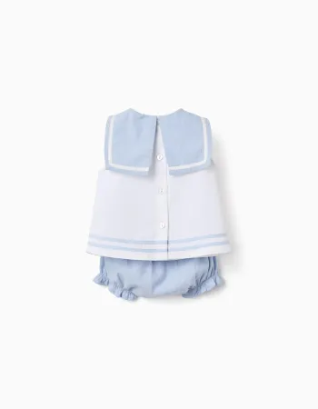 Cotton sleeveless blouse + bloomers for newborn girls, light blue/white