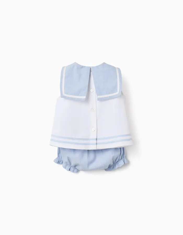 Cotton sleeveless blouse + bloomers for newborn girls, light blue/white
