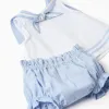 Cotton sleeveless blouse + bloomers for newborn girls, light blue/white