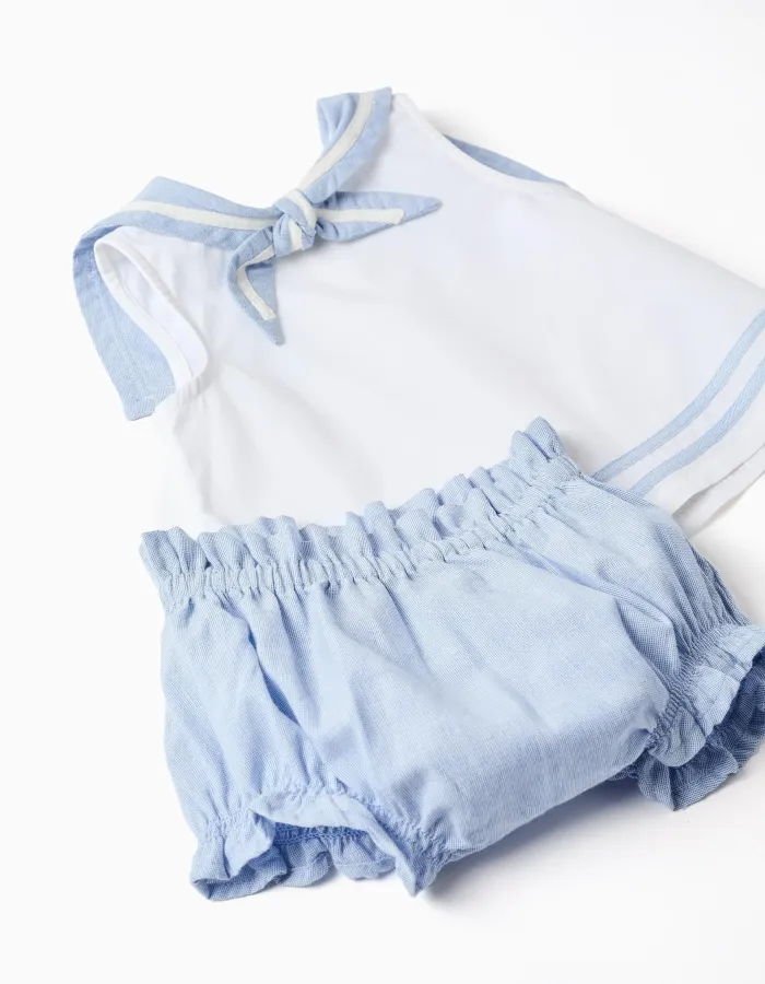 Cotton sleeveless blouse + bloomers for newborn girls, light blue/white