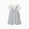 Striped jumpsuit in linen You&Me for newborn boys, white/blue