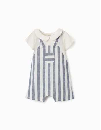 Striped jumpsuit in linen You&Me for newborn boys, white/blue