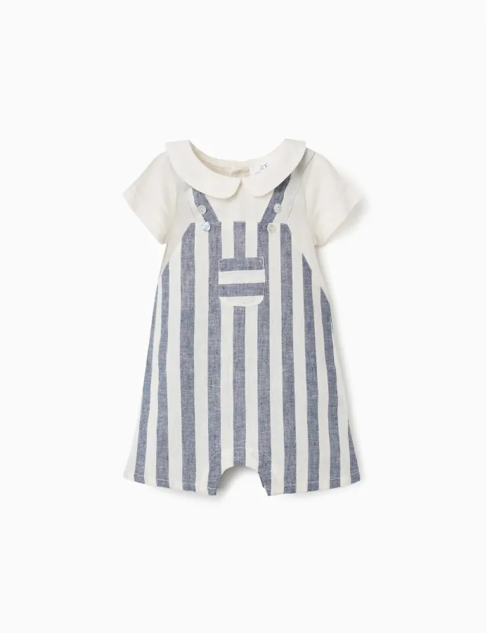 Striped jumpsuit in linen You&Me for newborn boys, white/blue