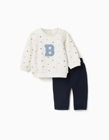Brushed jogging set with bouclé embroidery for newborn boys, white/blue