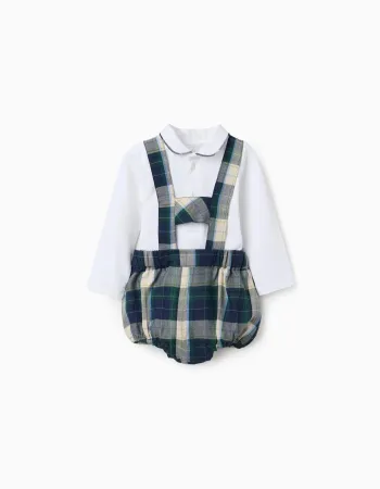 Bodysuit + checked shorts B&S for newborn boys, white/blue/green/beige
