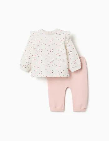 Brushed set with floral print for newborn girls, white/light pink