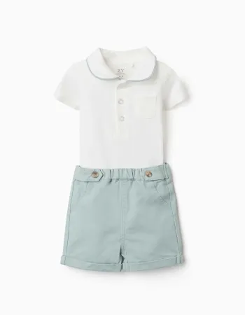 Cotton bodysuit and shorts set for newborn boys, white/light green