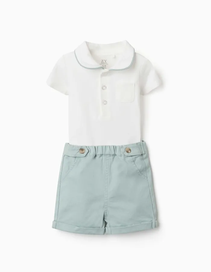 Cotton bodysuit and shorts set for newborn boys, white/light green