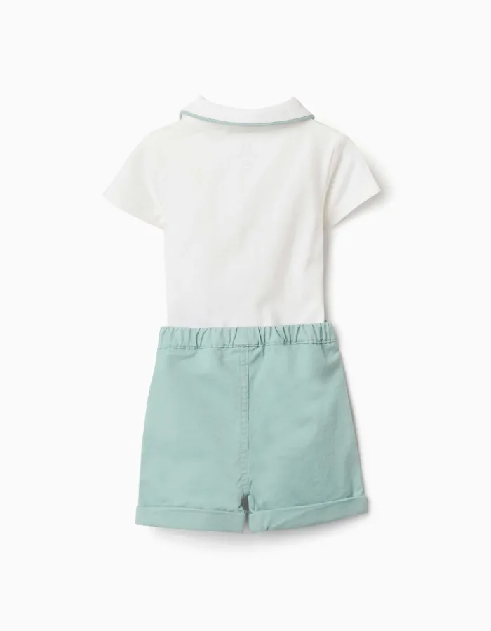 Cotton bodysuit and shorts set for newborn boys, white/light green