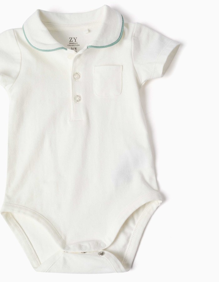 Cotton bodysuit and shorts set for newborn boys, white/light green