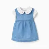 Cotton bodysuit + denim sleeveless dress for newborn girls, white/blue