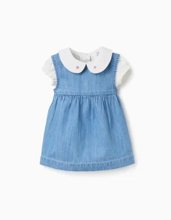Cotton bodysuit + denim sleeveless dress for newborn girls, white/blue