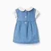 Cotton bodysuit + denim sleeveless dress for newborn girls, white/blue