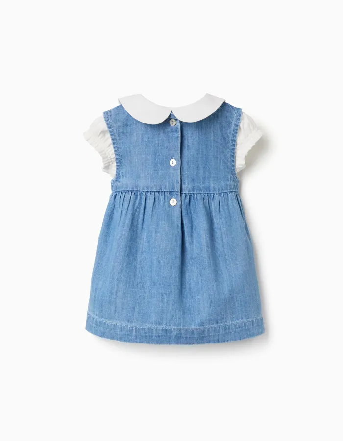 Cotton bodysuit + denim sleeveless dress for newborn girls, white/blue