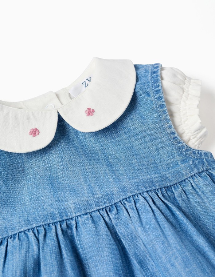 Cotton bodysuit + denim sleeveless dress for newborn girls, white/blue