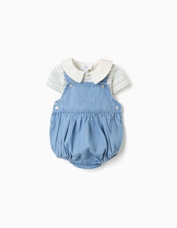 Striped bodysuit and denim romper set for newborn boys, white/blue