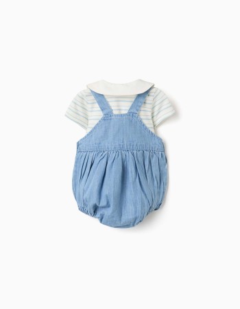 Striped bodysuit and denim romper set for newborn boys, white/blue