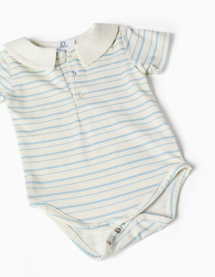 Striped bodysuit and denim romper set for newborn boys, white/blue