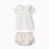 Cotton blouse and bloomers with ruffles for newborn girls, white