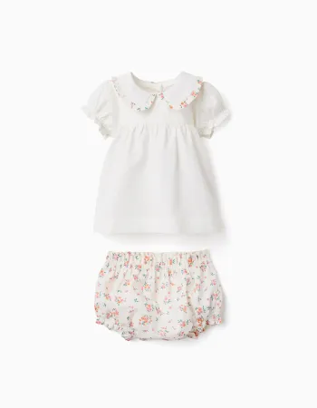 Cotton blouse and bloomers with ruffles for newborn girls, white