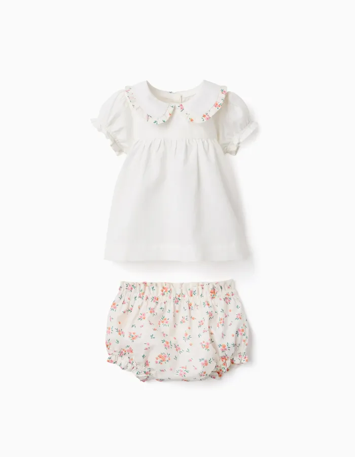 Cotton blouse and bloomers with ruffles for newborn girls, white