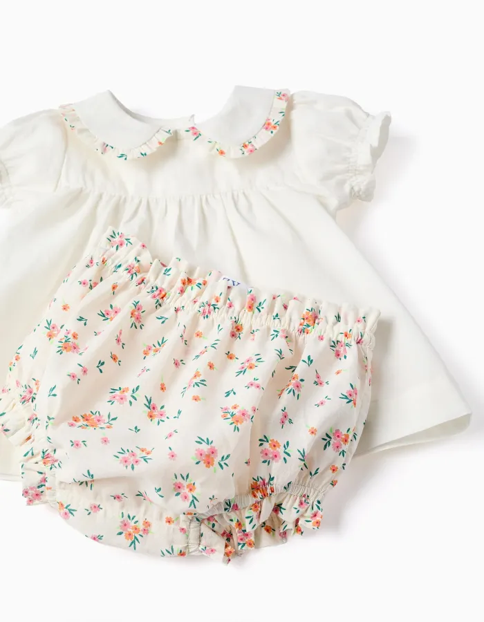 Cotton blouse and bloomers with ruffles for newborn girls, white